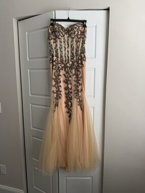 Jovani Nude Strapless Beaded Tulle Mermaid Gown